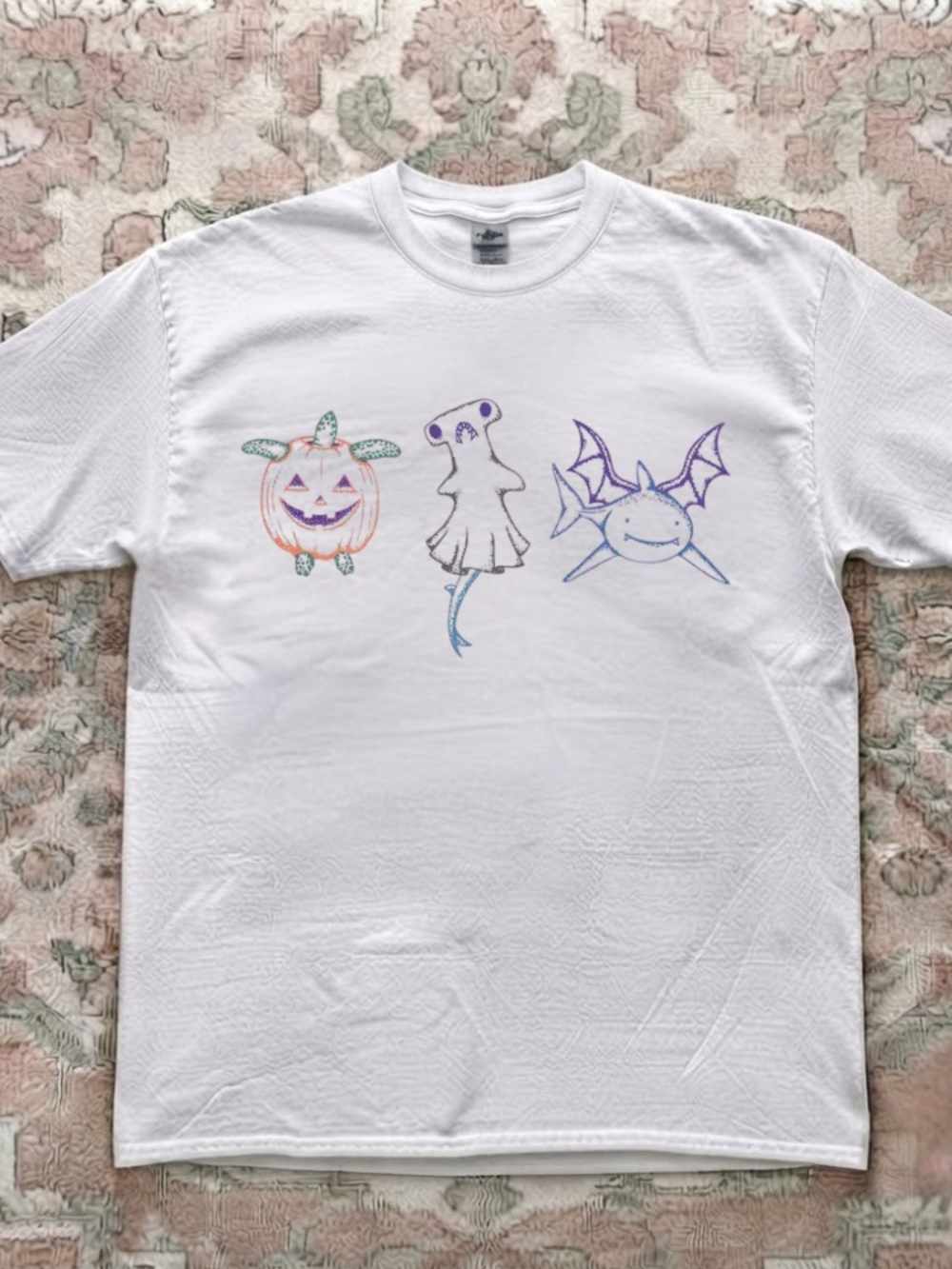 Spooky Sea Creatures Pumpkin Ghost Bat Shark Halloween Vintage White T-Shirt